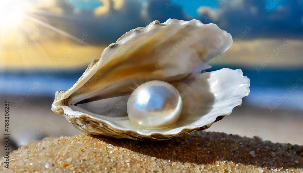 Extreme close-up of a white oyster pearl inside the shell of an oyster on a sandy beach on the sea shore. Symbol of love, beauty, purity, fertility and innocence. Macro photography. Generative Ai. Extreme close-up of a white oyster pearl inside the shell of an oyster on a sandy beach on the sea shore. Symbol of love, beauty, purity, fertility and innocence. Macro photography. Generative Ai.