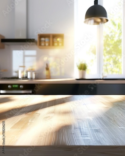 An empty wooden table in a modern kitchen with a large window in the background.