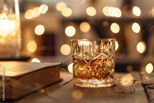 Glass of whisky with ice on wooden table. Bokeh lights in the background.
