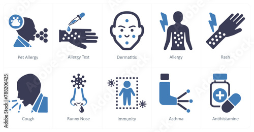 A set of 10 allergy icons as pet allergy, allergy test, dermatitis