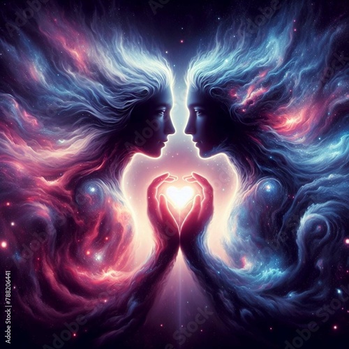 Twin flame couple. Soulmates. The concept of magical, esoteric, tantric, spiritual love. Connection between souls. Illustration for websites and much more. Created using generative ai tools.