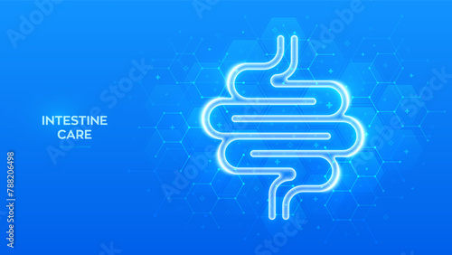 Intestine icon. Intestine health. Diagnosis, treatment of the bowel. Intestinal inflammation, colitis, dysbacteriosis. Molecular structure. Blue medical background with hexagons. Vector illustration.