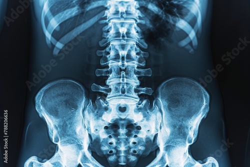 An x-ray image capturing the back of a man with a visible skeleton model, An X-ray view focused on the human abdomen, AI Generated