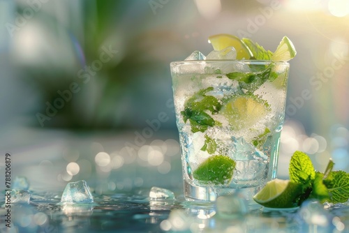 A classic mojito cocktail, effervescent and garnished with lime and mint
