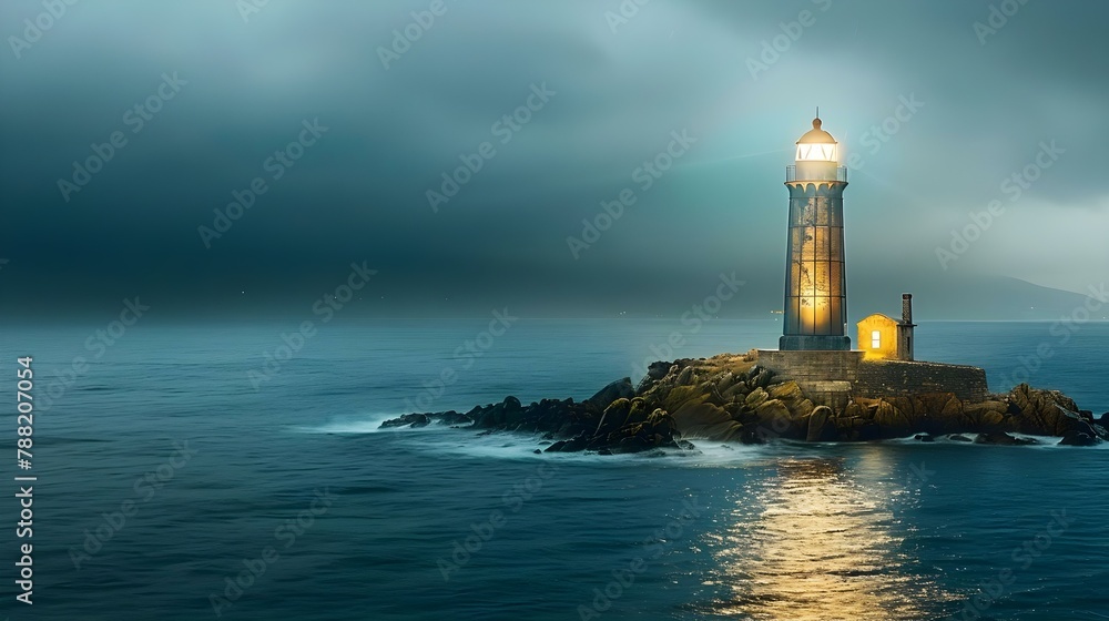Lone Lighthouse Shining Through Stormy Night. Concept Lighthouse, Stormy Night, Nature Photography, Dramatic Lighting
