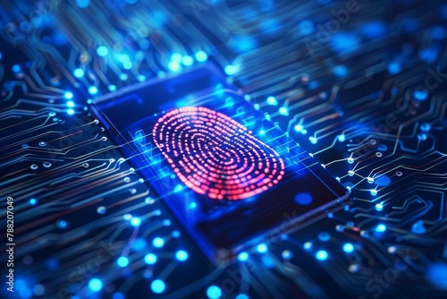 Glowing fingerprint on a digital biometric scanner representing advanced technology for secure authentication and access control photo