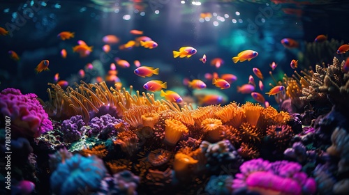 Underwater world transformed into a fluorescent coral reef bursting with neon colors © Judeah Stock