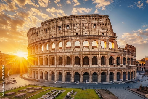 The sun casts its golden glow as it sets behind the iconic Colosseum in Rome, Italy, Ancient Roman colosseum under the setting sun, AI Generated