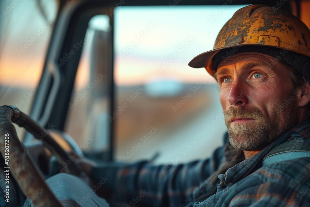 Construction worker sitting in driver's seat of truck wearing hard hat on construction site Construction worker sitting in driver's seat of truck wearing hard hat on construction site