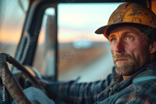 Construction worker sitting in driver's seat of truck wearing hard hat on construction site