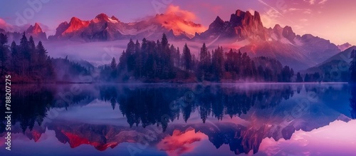 Crimson Crests and Misty Reflections: Twilight Enchantment at a Serene Mountain Lake