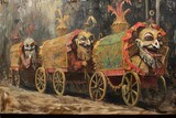 A painting depicting a train adorned with skulls, capturing an eerie and macabre image, Antique Hallow's carnival procession with garishly painted wagons, AI Generated