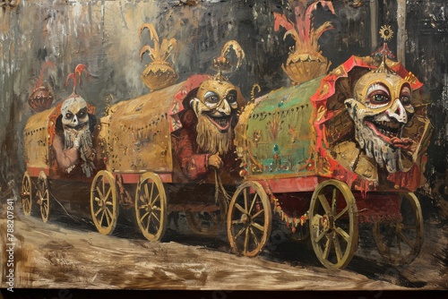 A painting depicting a train adorned with skulls, capturing an eerie and macabre image, Antique Hallow's carnival procession with garishly painted wagons, AI Generated photo