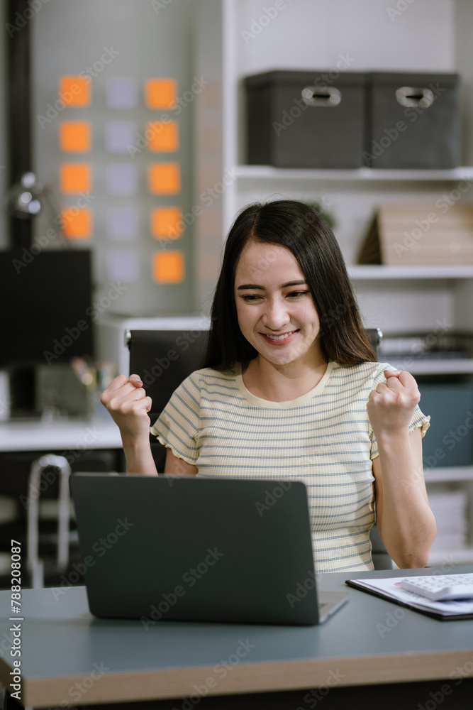 Smiling happy businesswoman feel work complete, success at work in the office concept. Smiling happy businesswoman feel work complete, success at work in the office concept.
