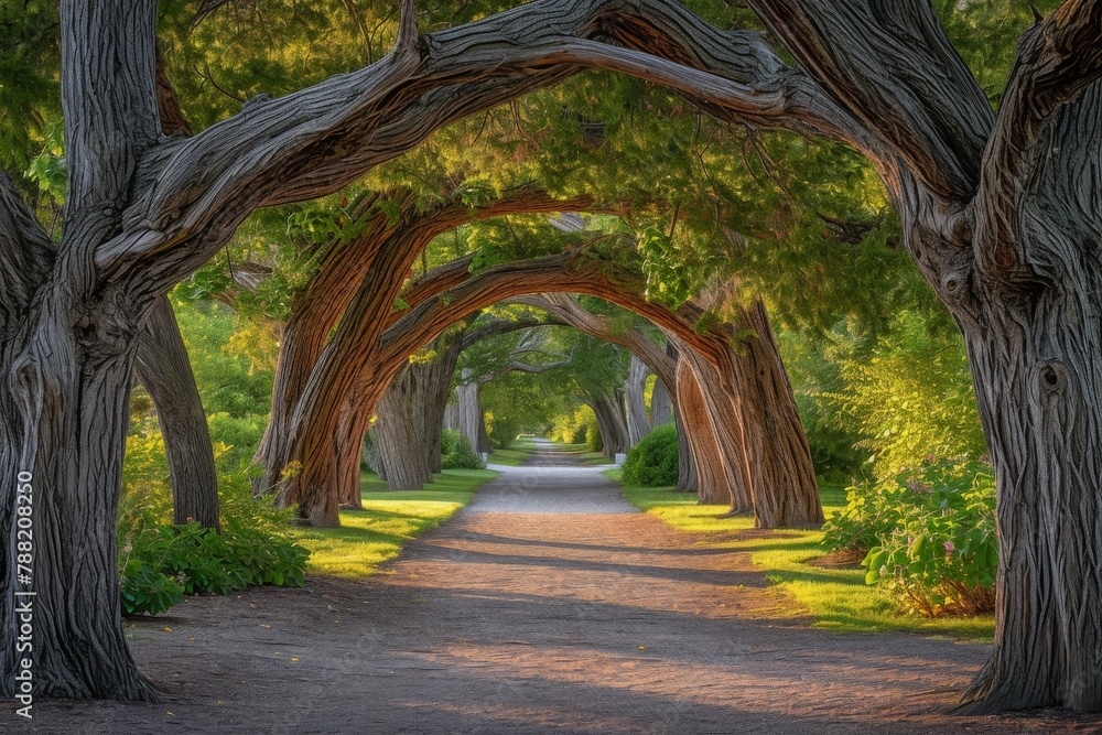This photo captures a painting of a road flanked by a row of trees, showcasing the artists depiction of the landscape, Arching tree branches over a serene park pathway, AI Generated