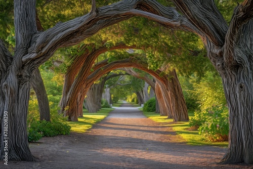 This photo captures a painting of a road flanked by a row of trees  showcasing the artists depiction of the landscape  Arching tree branches over a serene park pathway  AI Generated