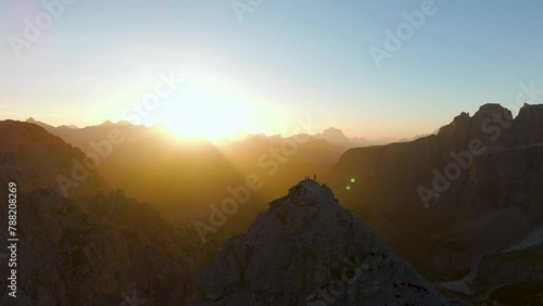 Aerial view of Dolomites at sunset with Pizes de Cir, Trentino, Italy. photo