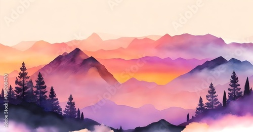 Watercolor mountain landscape with forest