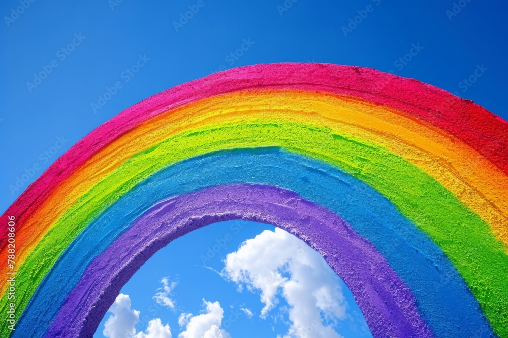 Fototapeta premium A vibrant rainbow adorns the side of a building, adding a burst of color to the urban landscape, Array of vibrant rainbows wishing a happy birthday, AI Generated