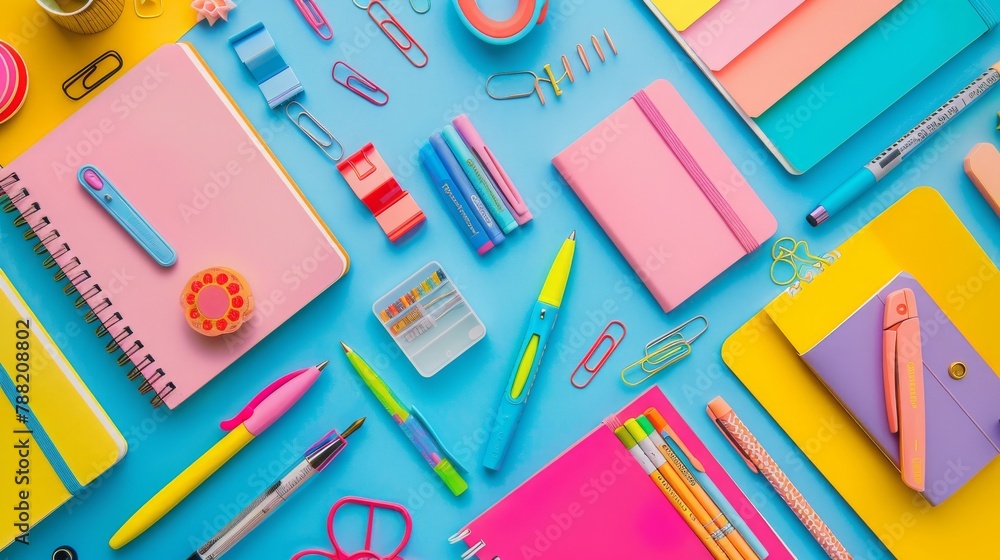 flat lay colorful stationery, notebooks, pens, paper clips, and scissors, neon colors, 16:9 flat lay colorful stationery, notebooks, pens, paper clips, and scissors, neon colors, 16:9