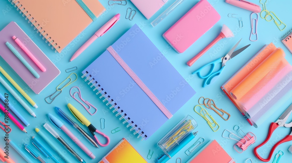 flat lay colorful stationery, notebooks, pens, paper clips, and scissors, neon colors, 16:9 flat lay colorful stationery, notebooks, pens, paper clips, and scissors, neon colors, 16:9