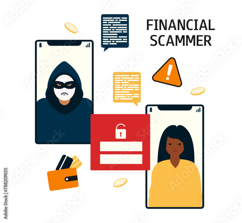 Woman on the phone screen and scammer. Concept of online fraud, cyber crime, data hacking. Vector flat illustration isolated on white background. 