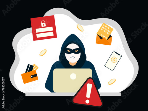 Financial scammer. Man in mask with laptop. Digital thief. Cybercrime, hacking, phishing, scaming concept. 