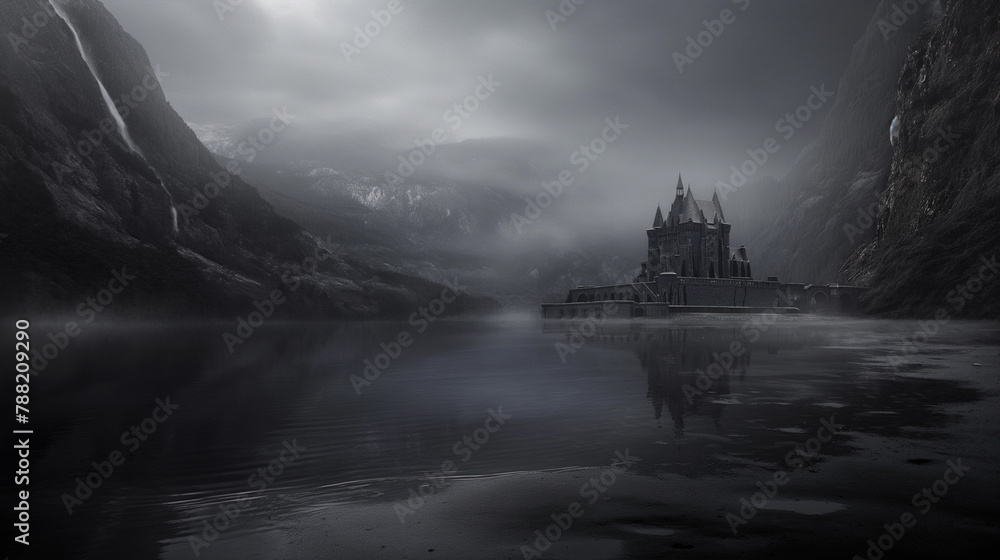 Background for a scary fairy tale background, a dark gothic castle in a dark dead valley, some kind of gray place in a gloomy area of a mountainous region - obrazy, fototapety, plakaty 