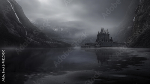 Background for a scary fairy tale background, a dark gothic castle in a dark dead valley, some kind of gray place in a gloomy area of a mountainous region photo