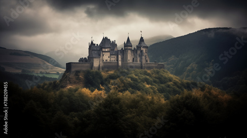 Background for a scary fairy tale background, a dark gothic castle in a dark dead valley, some kind of gray place in a gloomy area of a mountainous region
