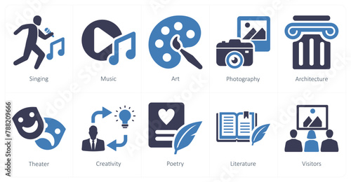 A set of 10 art icons as singing, music, art