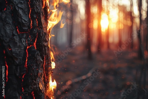 Close-up of a tree bark burning in a forest at dusk, the glowing embers contrasting with the dark surroundings, encapsulating the concept of nature's fragility and the impact of forest fires. photo