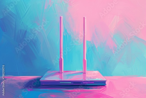 A digital artwork featuring a router painted with shades of pink and blue, placed on a table, Artistic representation of a router in soothing pastel shades, AI Generated