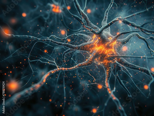 Macro shot of a neuron with electrical impulses, depicting neural network structure. Human nerve system research and AI concept. AI Integration photo