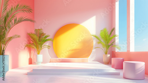 modern trendy color cylinder podiums with circular neon, Pastel empty room background. Abstract vector rendering 3D shape for product display. Minimal wall scene, Studio, room summer © Unknown studio