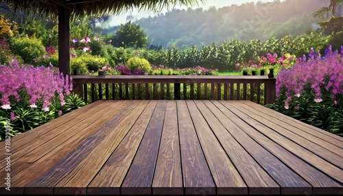 Garden Delight  Wooden Table Amidst the Splendor of Ornamental Plants