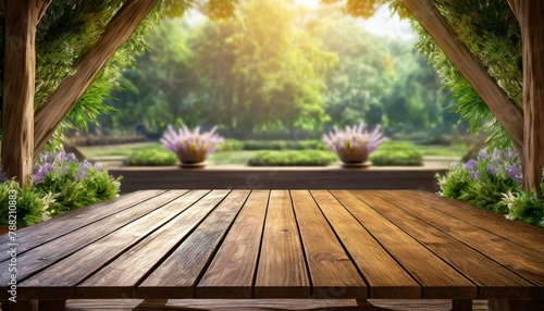 Serene Sanctuary  Wooden Terrace Framed by a Beautiful Garden Landscape