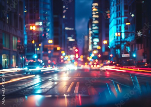 Vibrant Night City Street Bokeh Lights with Traffic and Urban Skyline