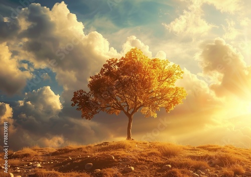 Majestic Lonely Tree on Hill at Golden Sunset with Dramatic Sky and Sun Rays