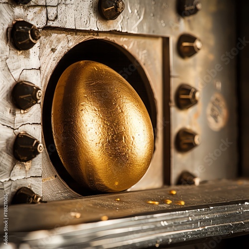 A golden egg in a sci-fi machine photo