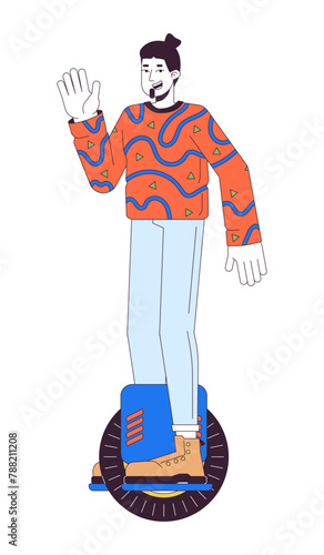 Happy guy riding electric unicycle scooter 2D linear cartoon character. Caucasian male isolated line vector person white background. Gadget man greeting gesture color flat spot illustration