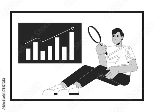 Man analyzing business data black and white 2D line cartoon character. Marketing specialist studying diagram isolated vector outline person. Business statistics monochromatic flat spot illustration