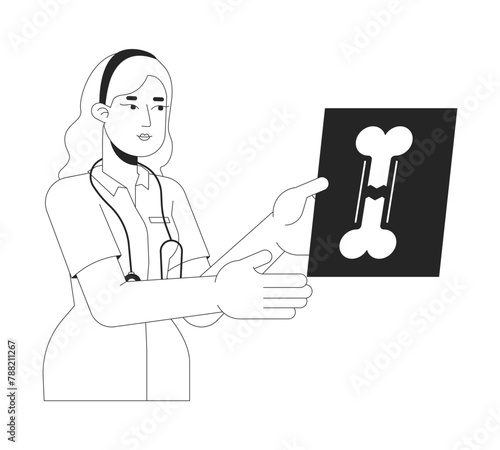 Female doctor holding x ray image black and white 2D line cartoon character. Traumatologist examining broken bone isolated vector outline person. Traumatology monochromatic flat spot illustration