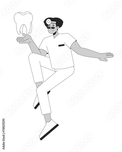 Positive stomatologist holding healthy tooth black and white 2D line cartoon character. Hispanic male dentist isolated vector outline person. Stomatology treatment monochromatic flat spot illustration