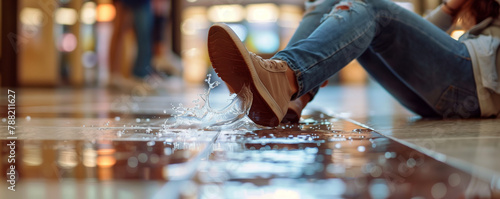 Person slipping and falling on a wet floor. photo