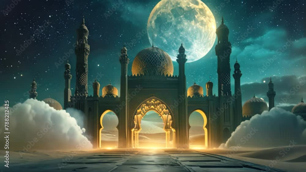 A night scene featuring a mosque illuminated by the glow of a full moon ...