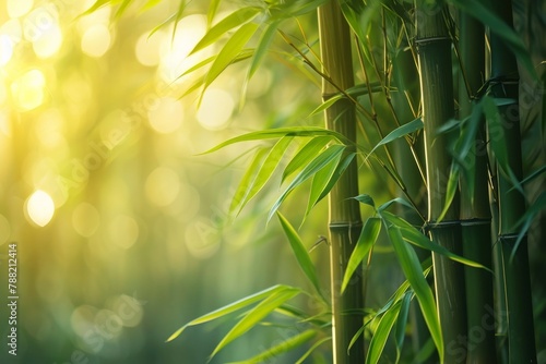 A photo capturing a bamboo tree, with sunlight brilliantly illuminating the leaves, creating a captivating display of natural light, Bamboo forest bathed in the soft morning light, AI Generated