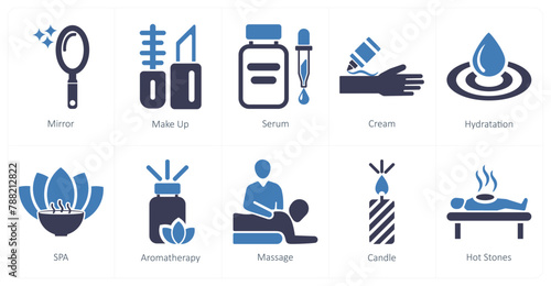 A set of 10 beauty and spa icons as mirror, make up, serum