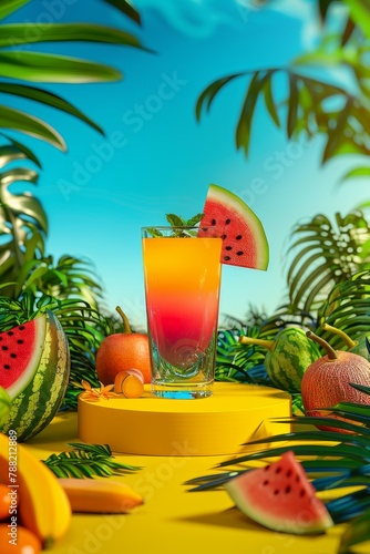 Fresh juice in a glass cup and assorted fruits with a delicious and healthy drink