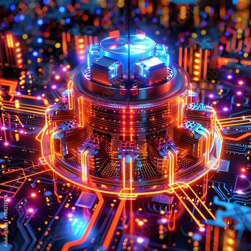 Quantum computer depicted as a complex machine with glowing circuits and qubits, symbolizing the future of computing Illustrating the potential of quantum computers to solve problems beyond the capabi photo